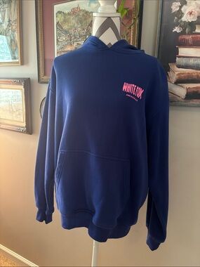 White Fox Boutique Navy Crewneck Sweater with Pink Logo